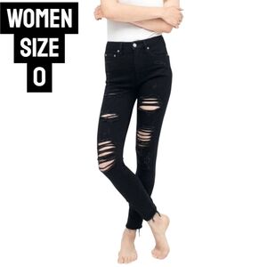 Aero High Rise Skinny Ripped Distressed Jeans Raw Hem Black Slim Women Size 0